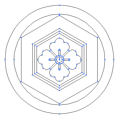 家紋「丸に亀甲花角」紋のベクターフリー素材のアウトライン画像