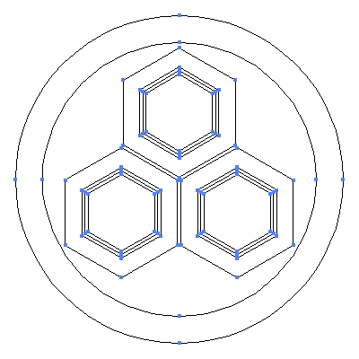 家紋「丸に三つ盛り亀甲」紋のベクターフリー素材のアウトライン画像