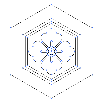 家紋「亀甲に花角」紋のベクターフリー素材のアウトライン画像
