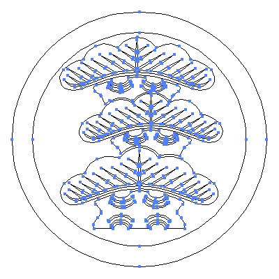 家紋「丸に右三階松」紋のベクターフリー素材のアウトライン画像