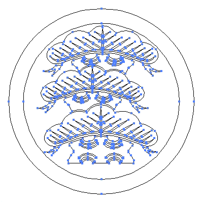家紋「丸に荒枝付き左三階松」紋のベクターフリー素材のアウトライン画像