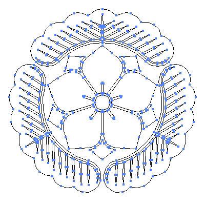 家紋「根なし三つ松に八重桔梗」紋のベクターフリー素材のアウトライン画像