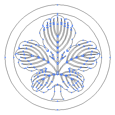 家紋「丸に立ち梶の葉」紋のベクターフリー素材のアウトライン画像