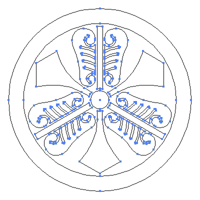 家紋「丸に剣三つ唐団扇」紋のベクターフリー素材のアウトライン画像