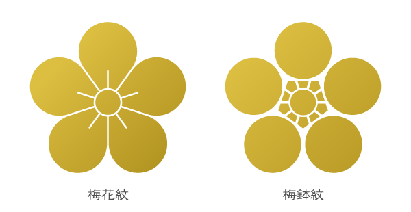 ウメの家紋のビジュアルは「梅花」紋と「梅鉢」紋に大別されるという