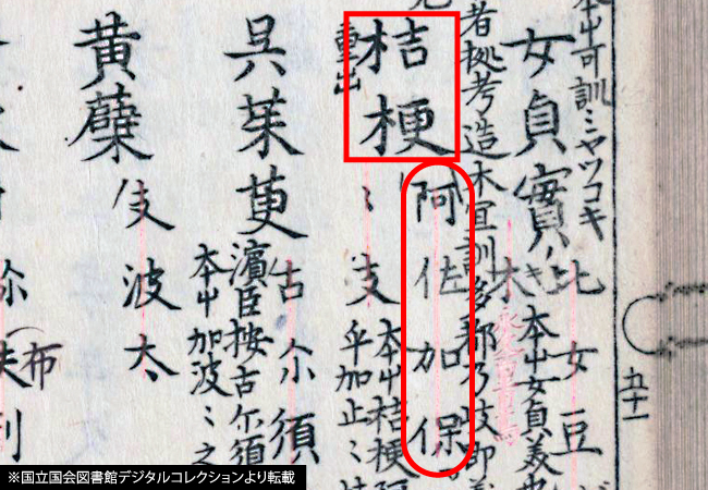 新撰字鏡のキキョウの項にアサガオの文字が見える。