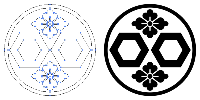 家紋・糸輪に二つ亀甲に花角のプレビュー画像とパス画像